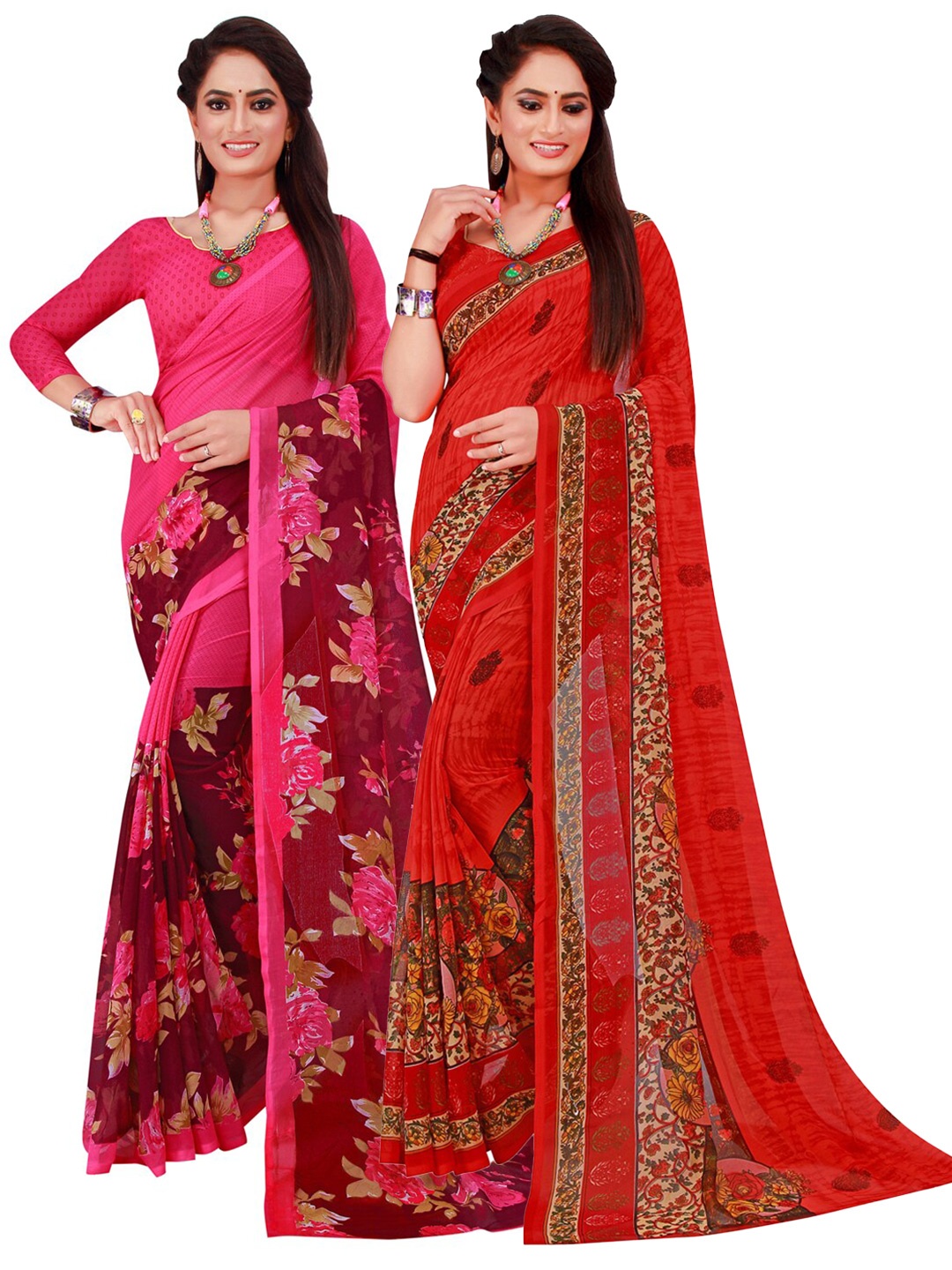 

KALINI Pack of 2 Magenta & Red Printed Pure Georgette Saree