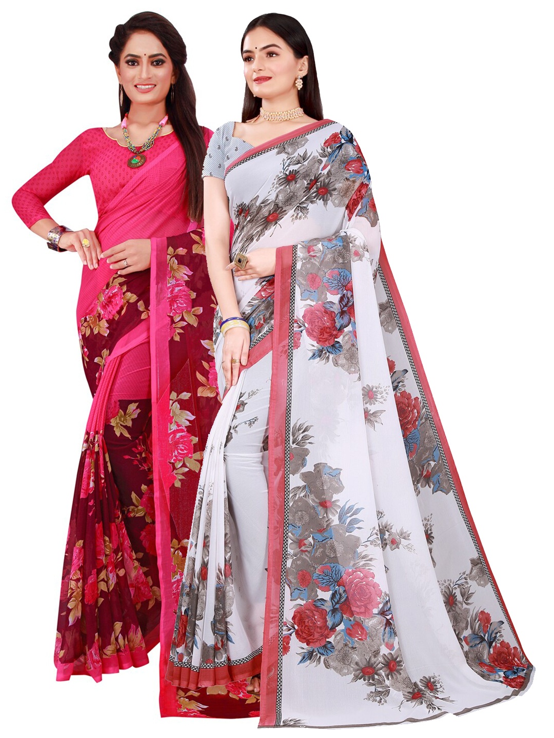 

KALINI Pack of 2 Pure Georgette Sarees, Magenta