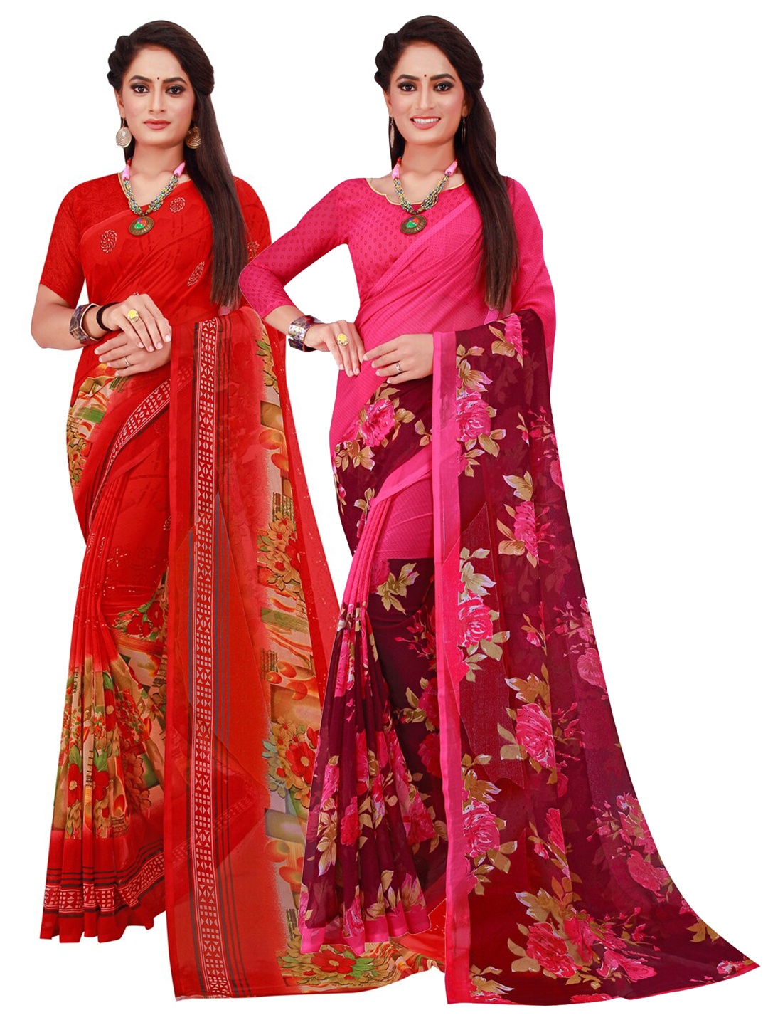 

KALINI Red & Pink Pack of 2 Floral Printed Pure Georgette Saree