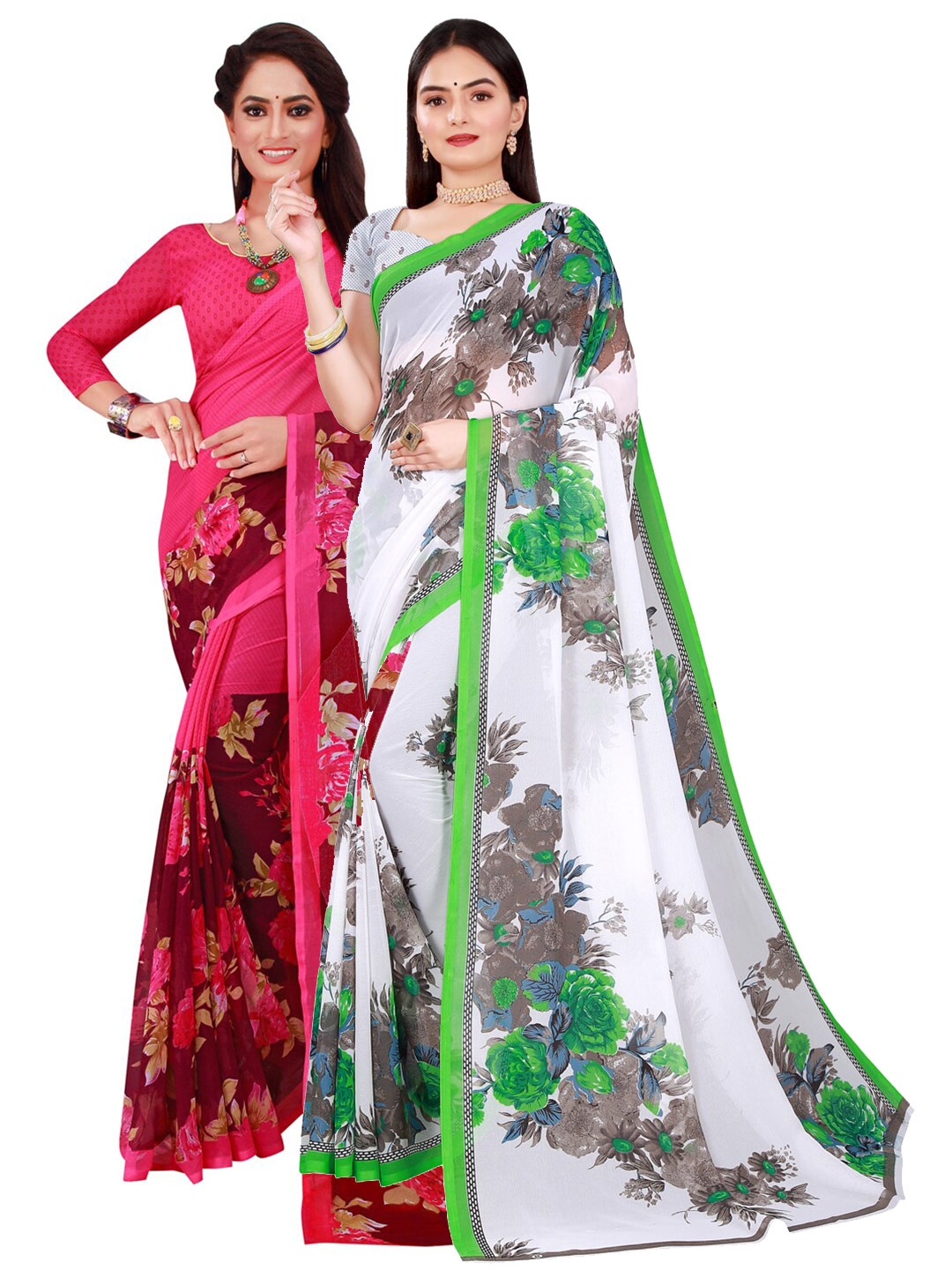 

KALINI Pack of 2 Magenta & White Printed Pure Georgette Saree
