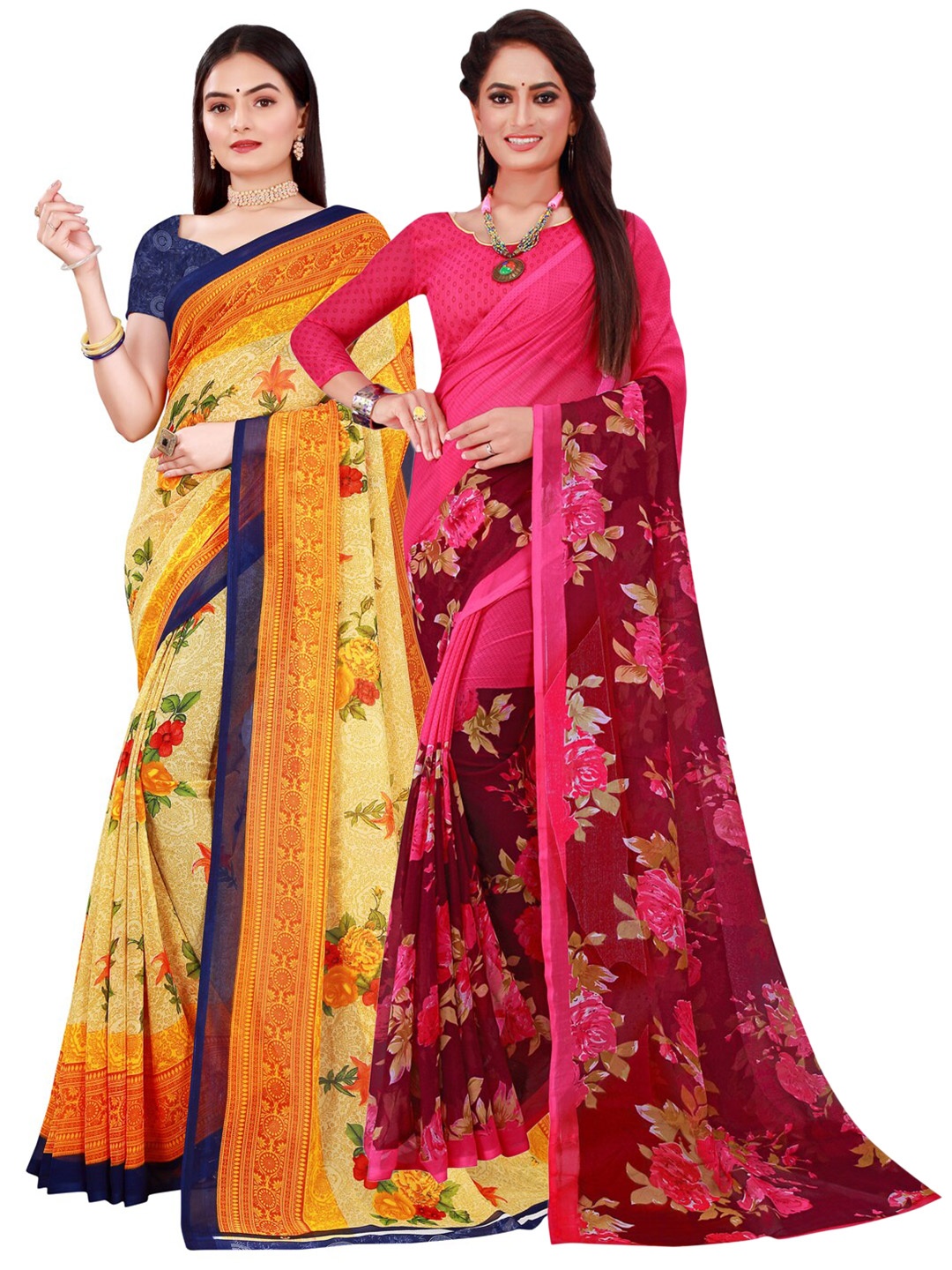 

KALINI Pack of 2 Pure Georgette Sarees, Beige