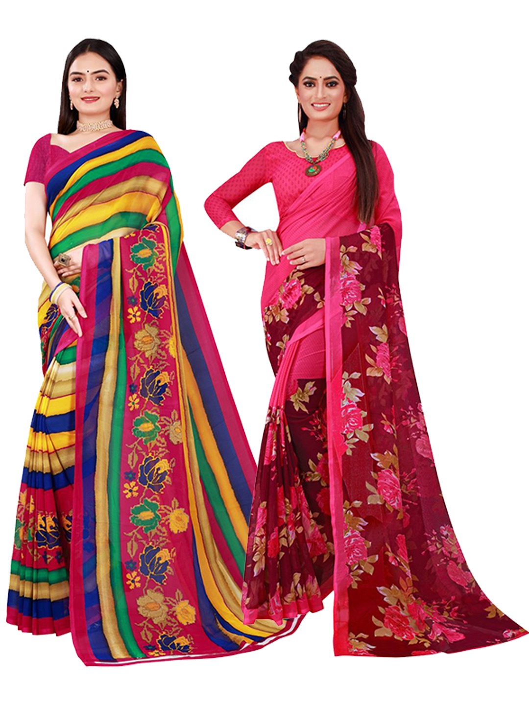 

KALINI Pack of 2 Magenta & Yellow Printed Pure Georgette Saree