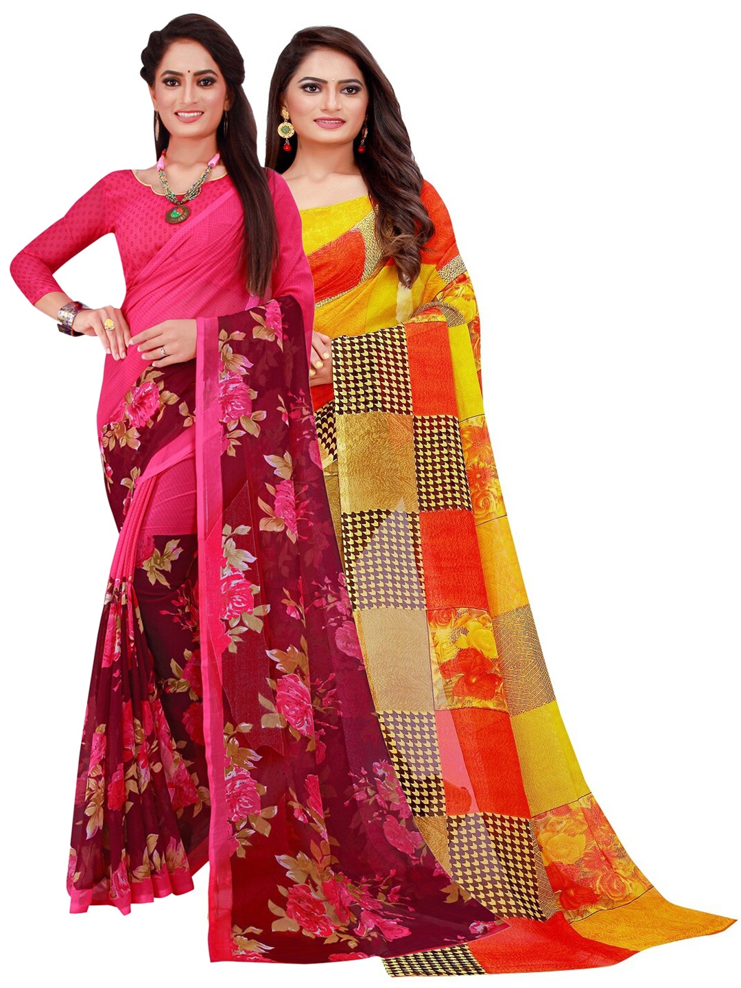 

KALINI Pack of 2 Magenta & Yellow Printed Pure Georgette Saree