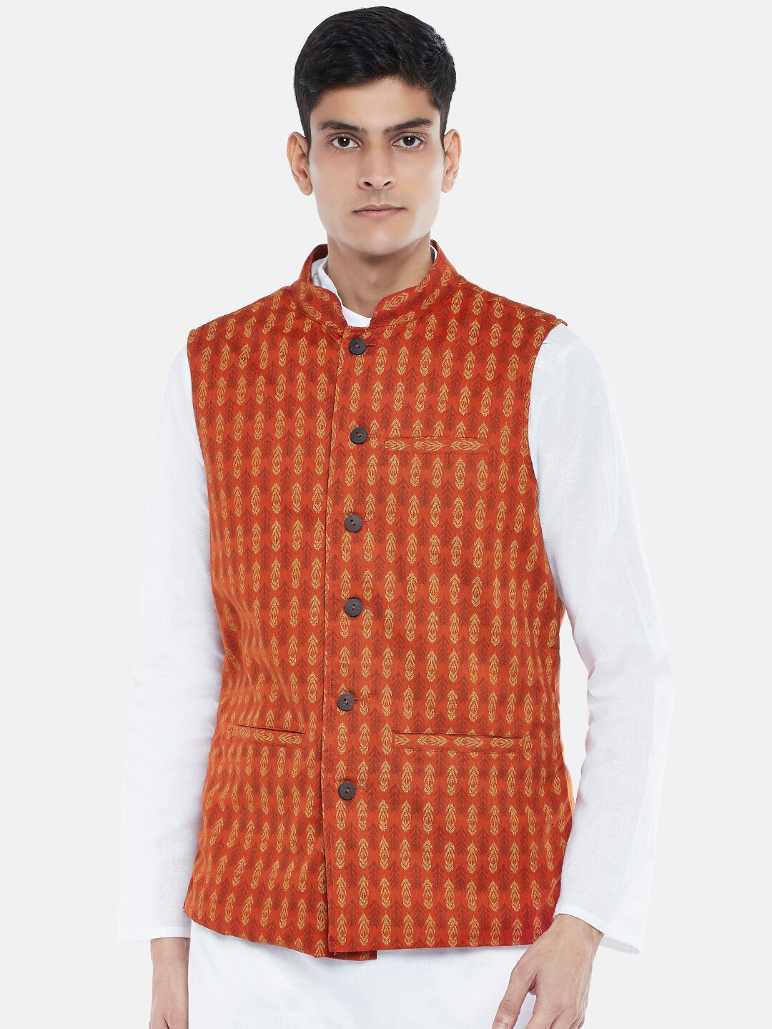 

indus route by Pantaloons Rust Woven Design Nehru Jacket