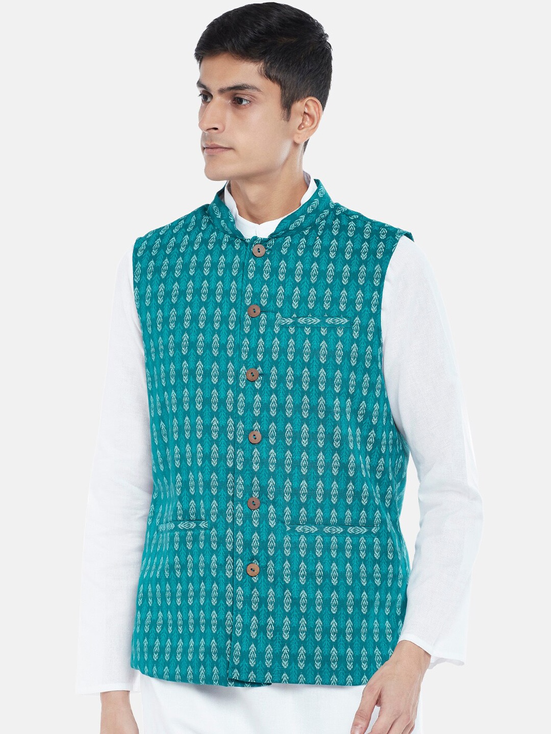 

indus route by Pantaloons Men Teal Blue Printed Waistcoat