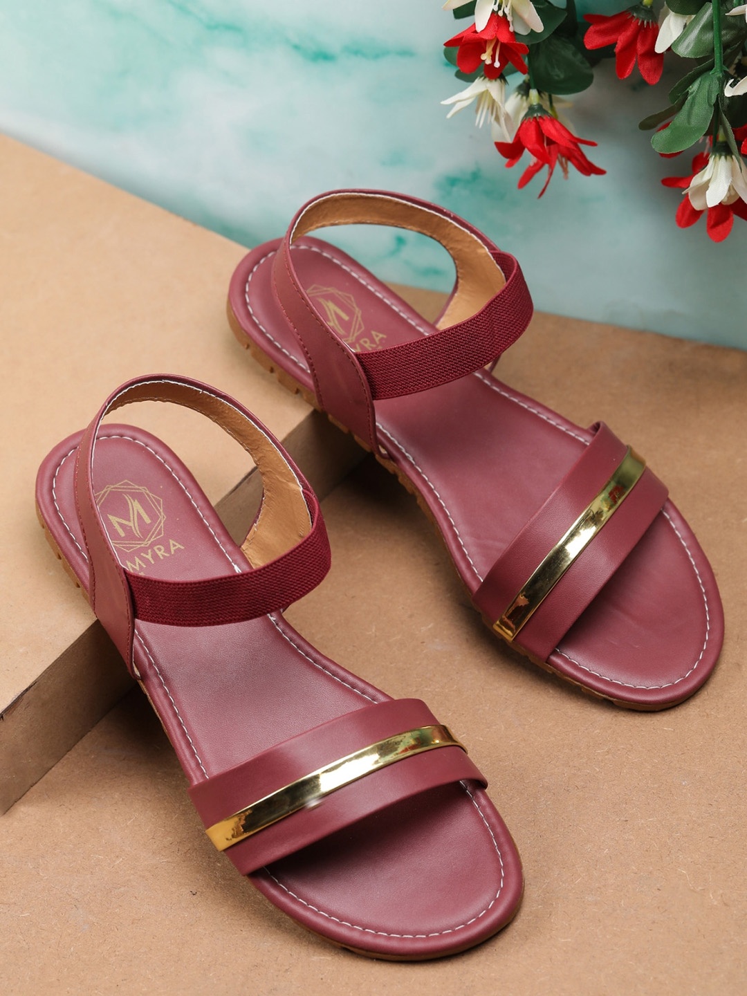 

Myra Women Burgundy & Gold-Toned Embellished Open Toe Flats