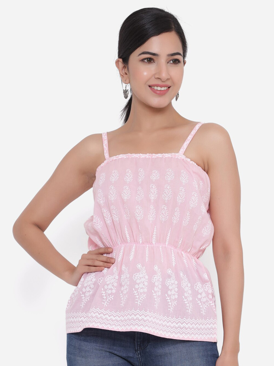 

CHRISTEENA Women Pink Floral Print Cinched Waist Top