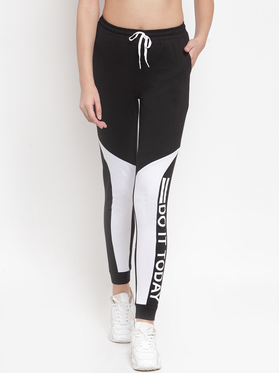 

Boston Club Women Black & White Colourblocked Pure Cotton Joggers
