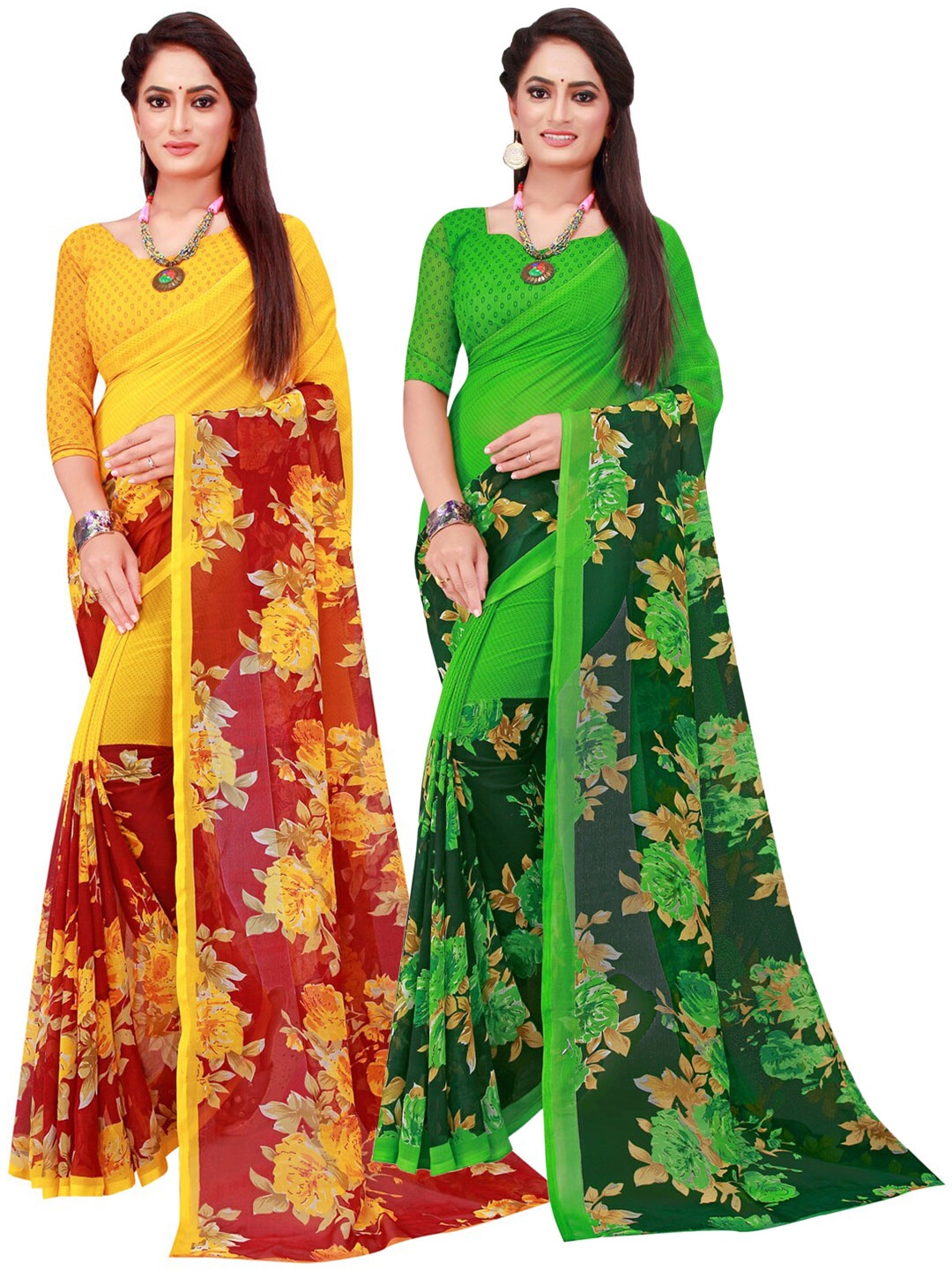 

KALINI Pack Of 2 Green & Yellow Floral Georgette Saree