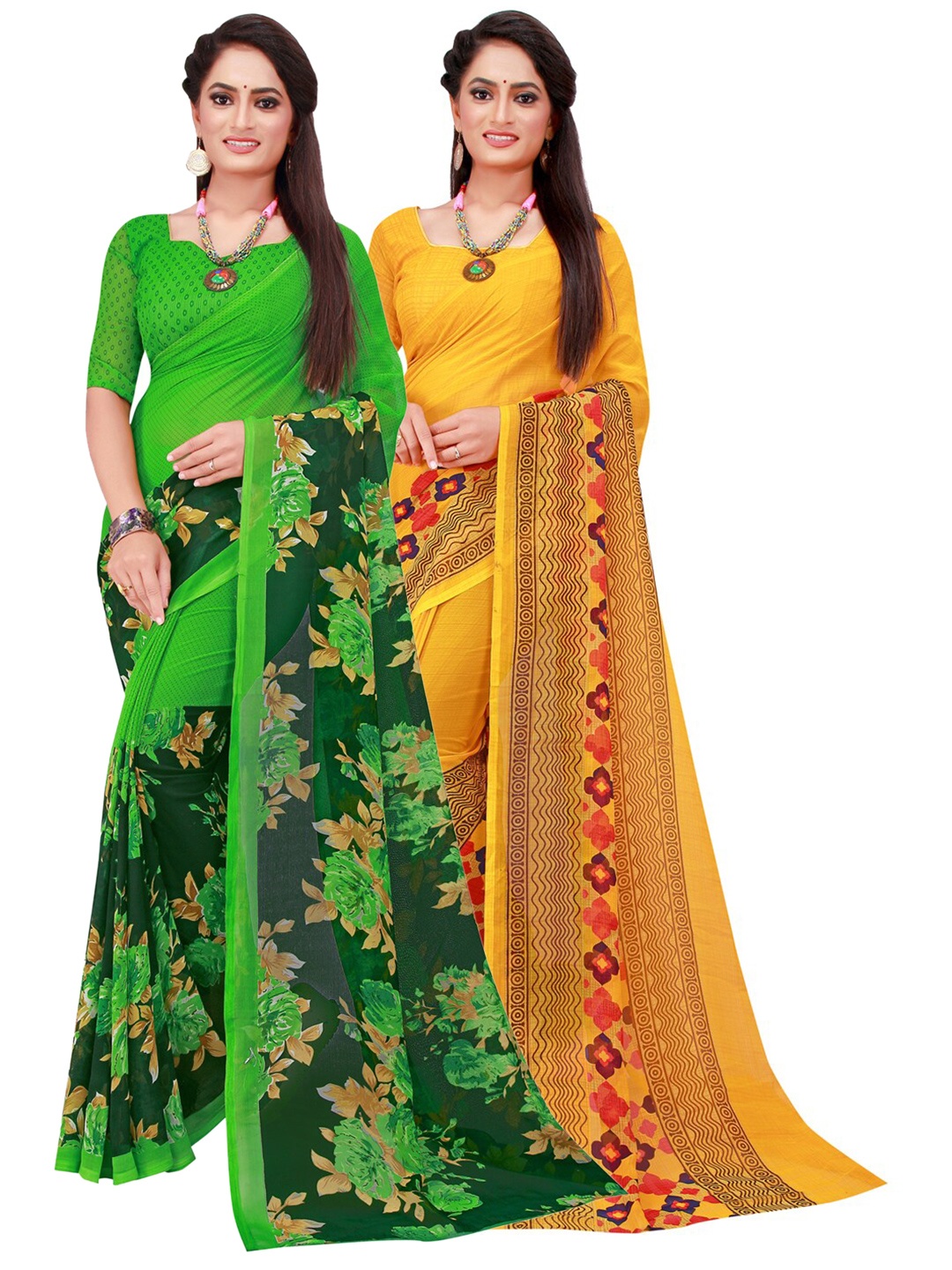 

KALINI Pack of 2 Green & Yellow Printed Pure Georgette Saree