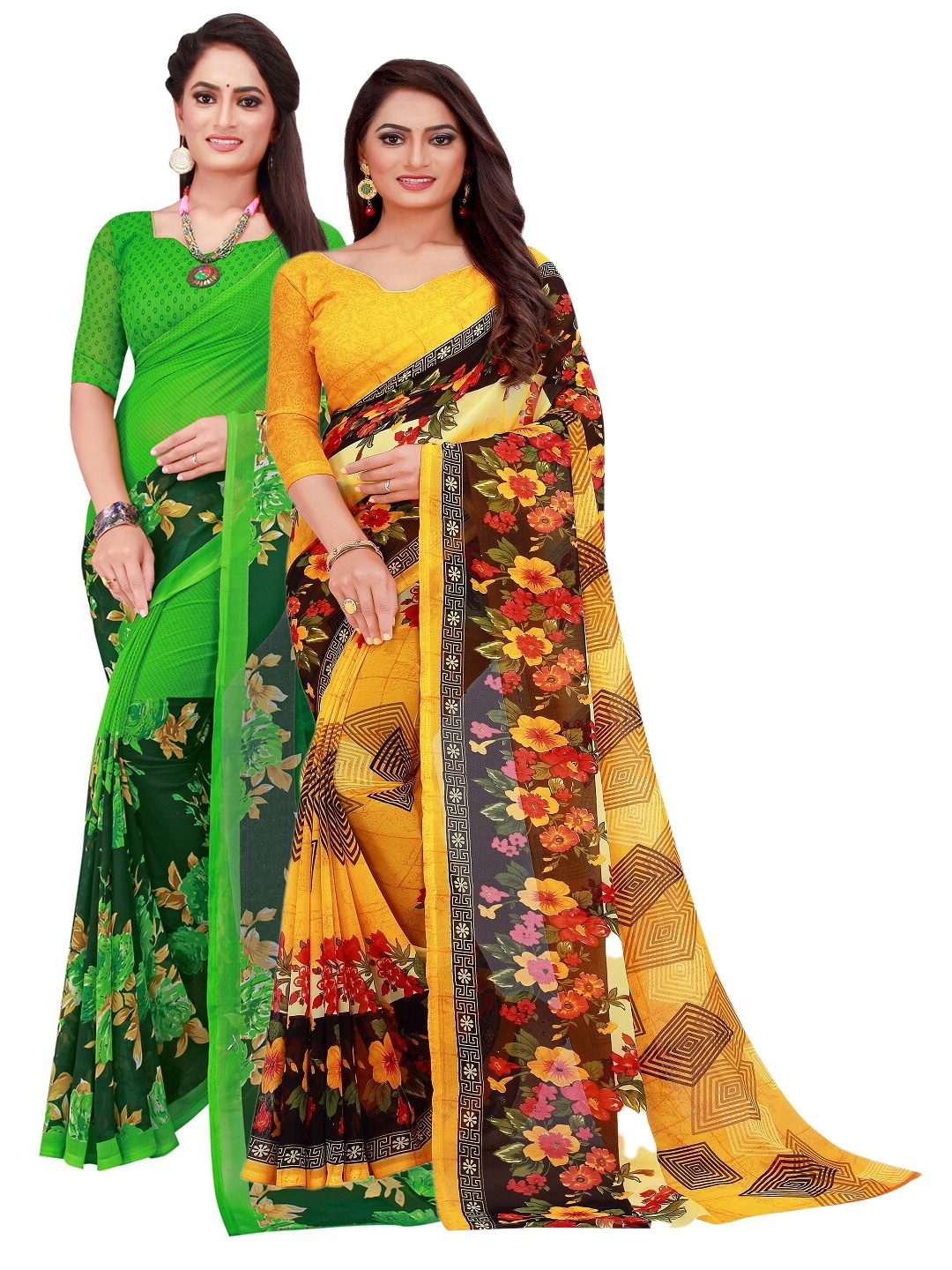 

KALINI Pack Of 2 Yellow & Green Floral Georgette Saree