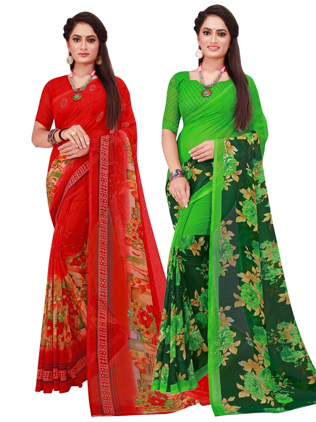 

KALINI Pack of 2 Red & Green Printed Pure Georgette Saree