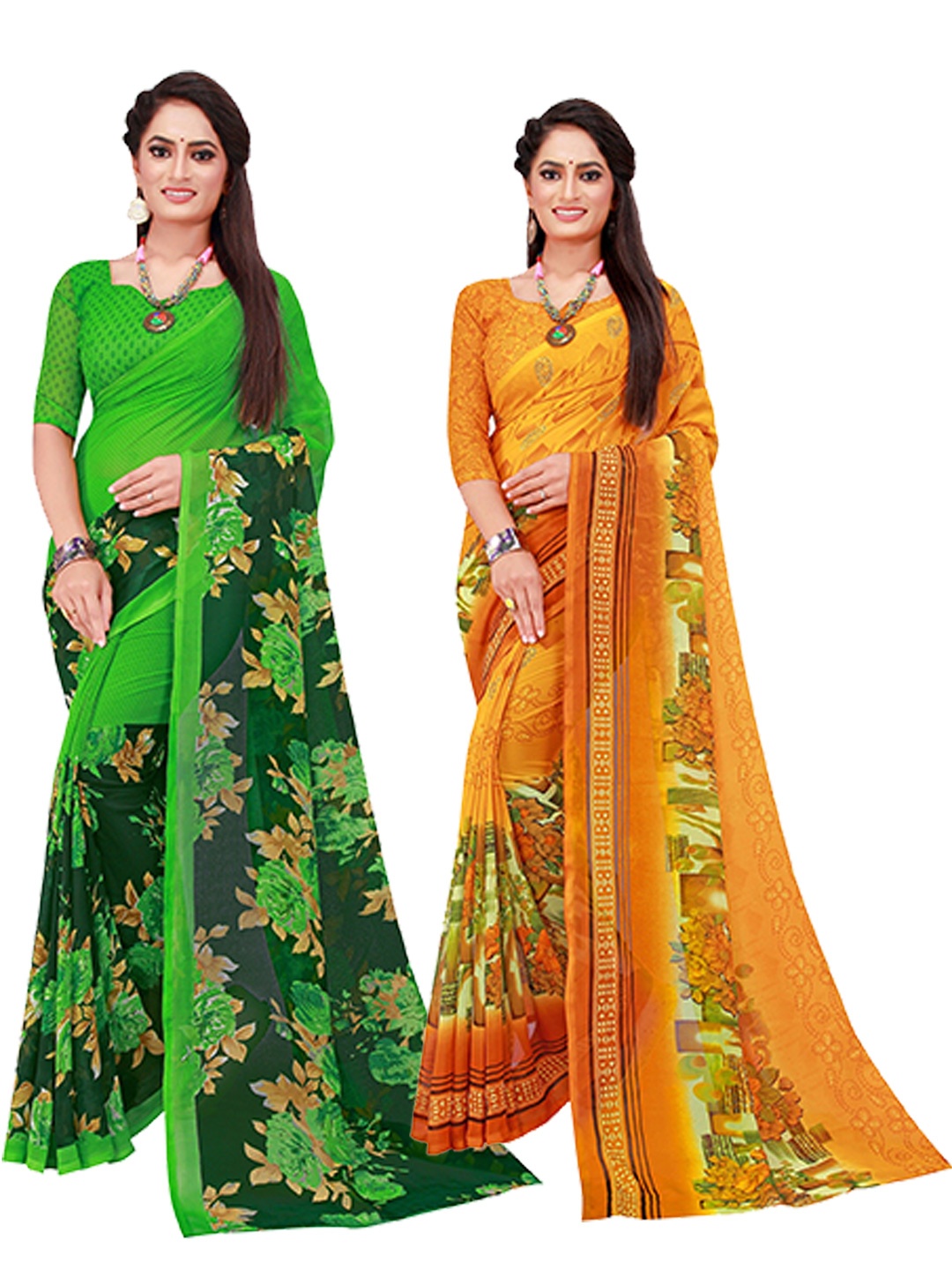 

KALINI Pack of 2 Pure Georgette Sarees, Green