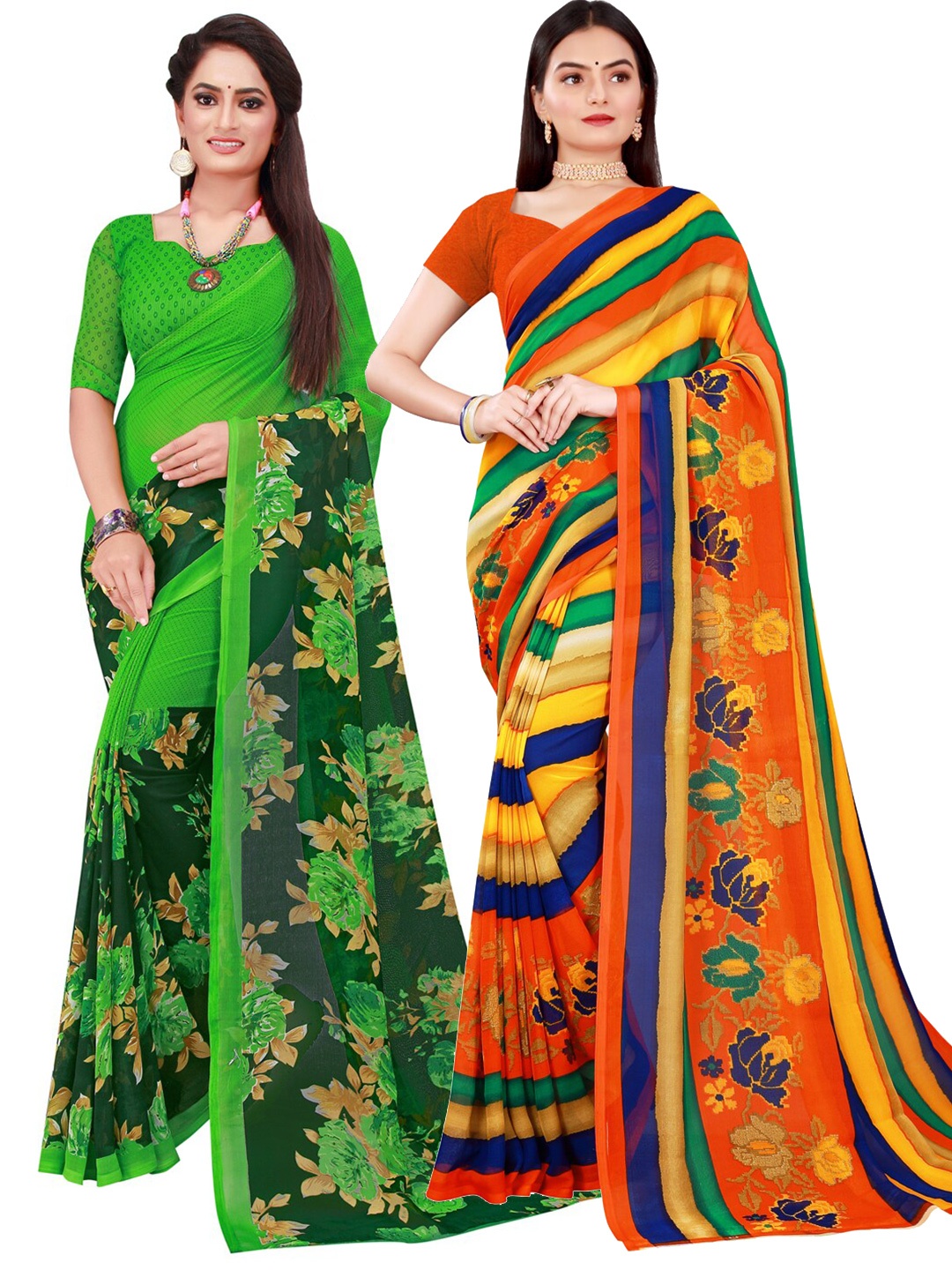

KALINI Pack Of 2 Green & Orange Floral Georgette Saree