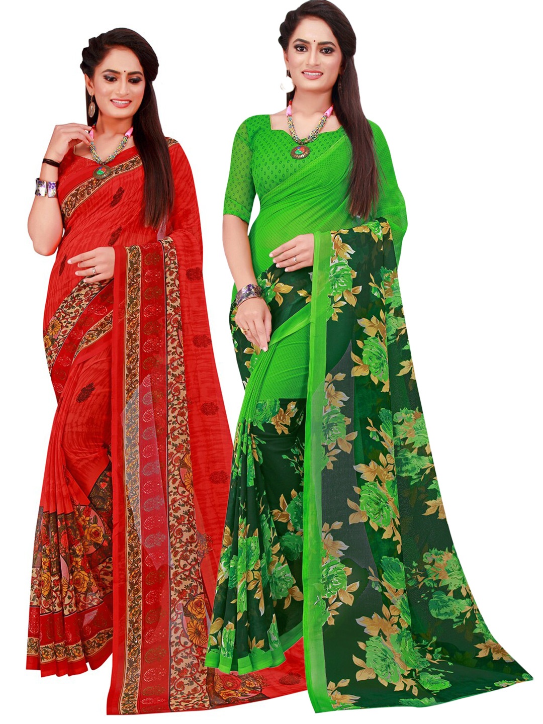 

KALINI Pack of 2 Green & Red Printed Pure Georgette Saree