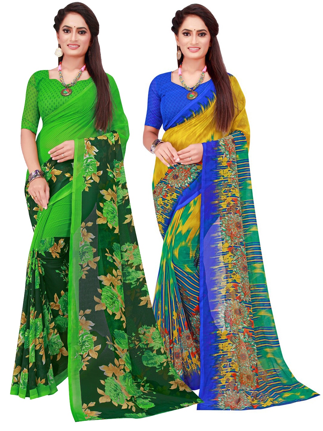 

KALINI Pack of 2 Pure Georgette Sarees, Green