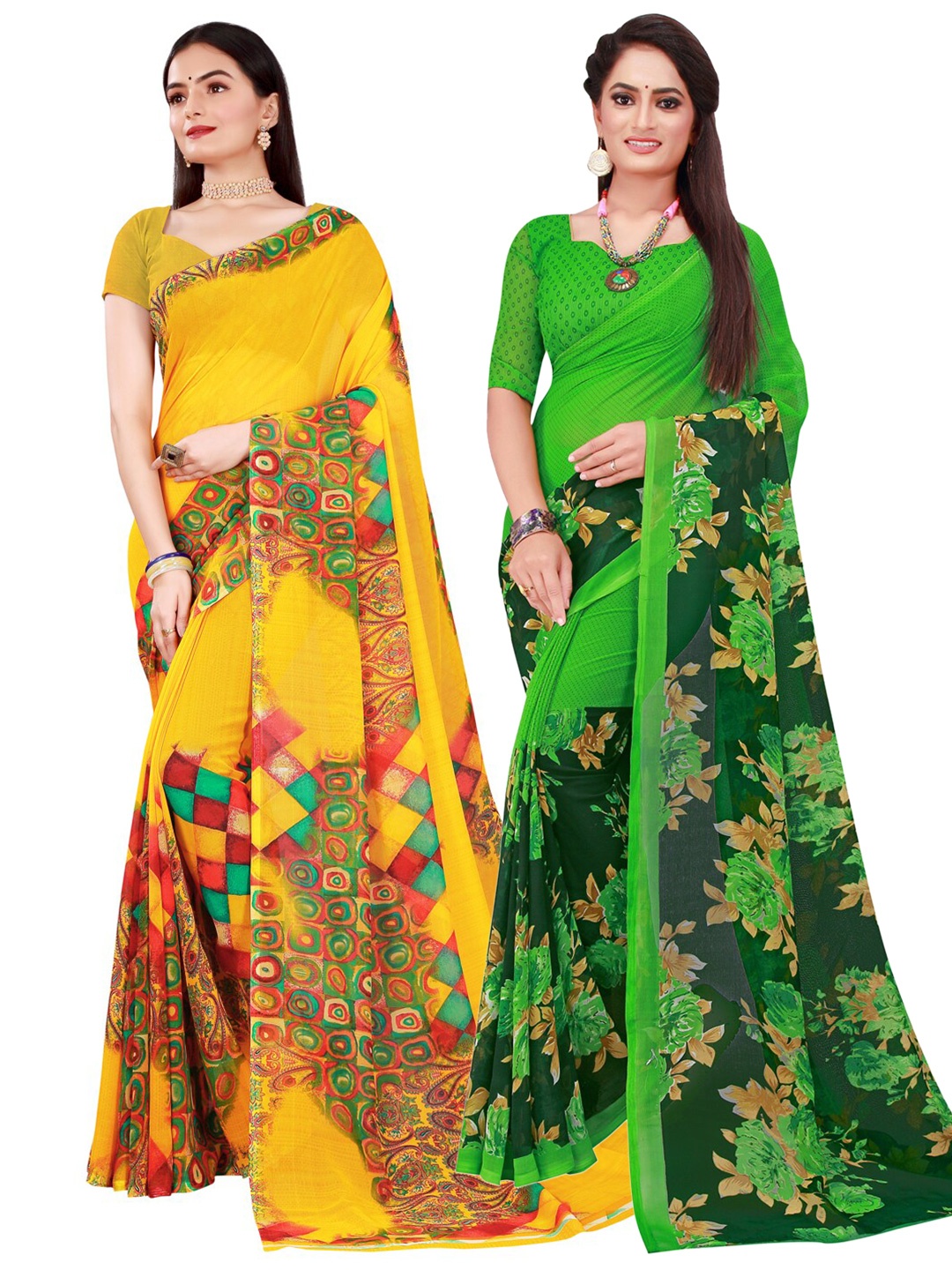 

KALINI Pack Of 2 Green & Yellow Floral Georgette Saree