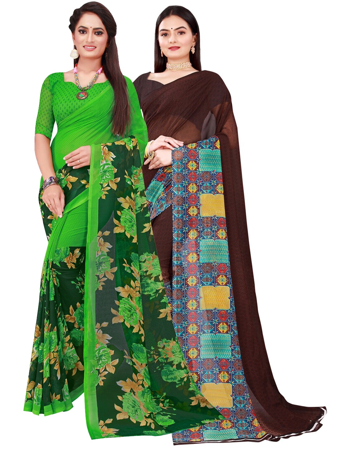 

KALINI Pack of 2 Pure Georgette Sarees, Brown