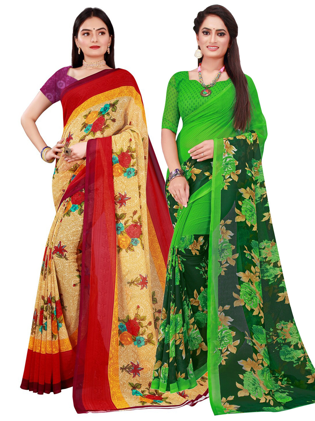 

KALINI Pack of 2 Beige & Green Printed Pure Georgette Saree