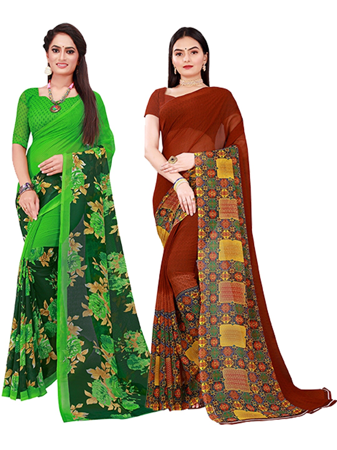 

KALINI Pack Of 2 Green & Maroon Floral Georgette Saree