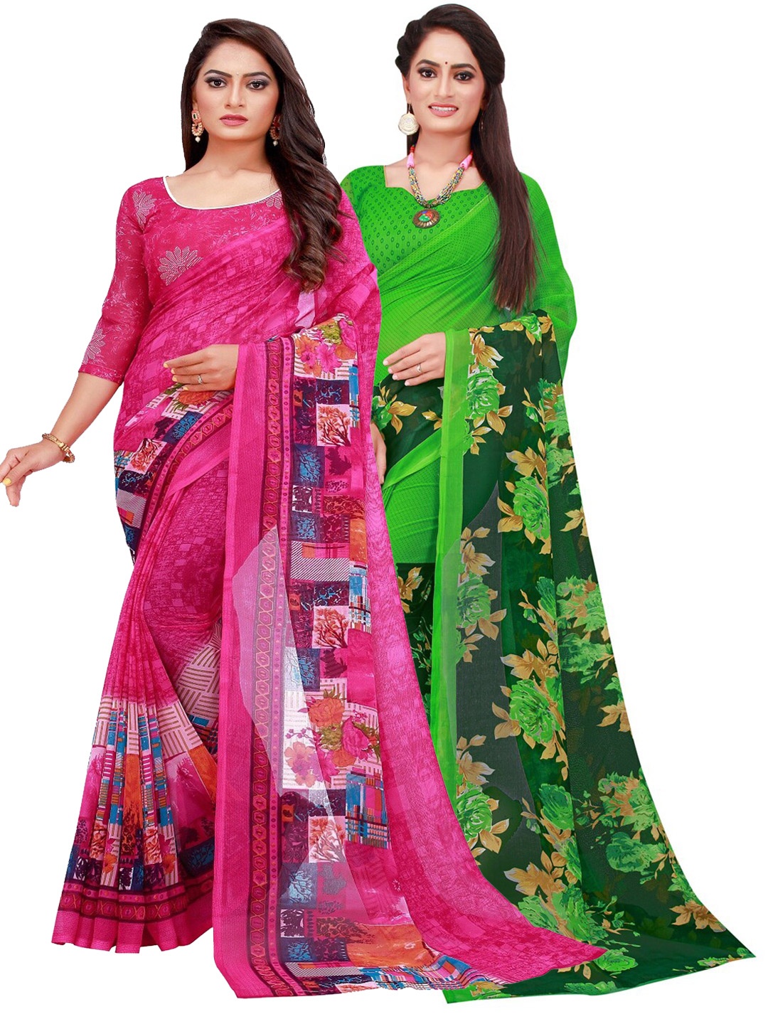 

KALINI Pack of 2 Magenta & Green Printed Pure Georgette Saree