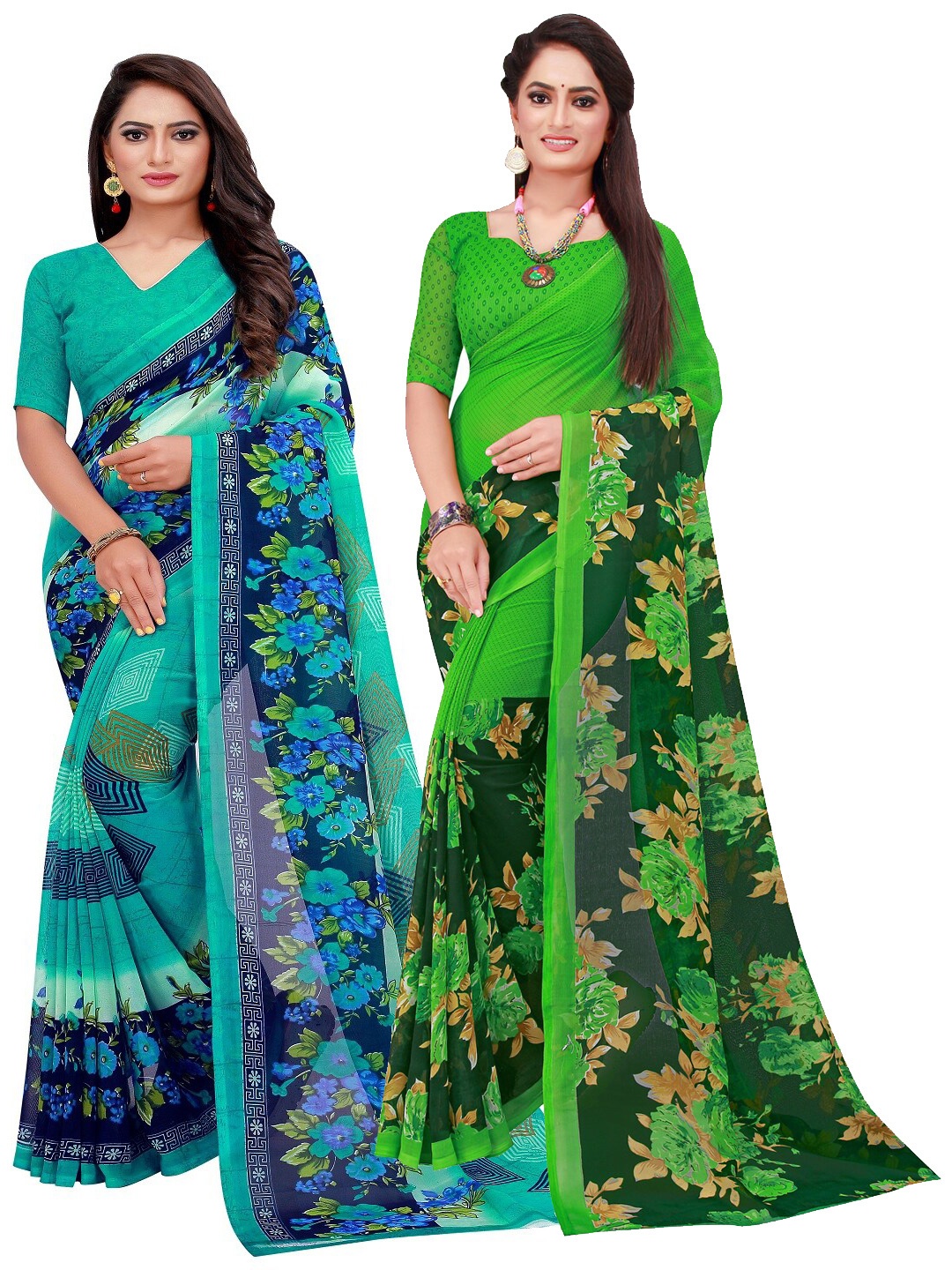 

KALINI Pack of 2 Pure Georgette Sarees, Turquoise blue