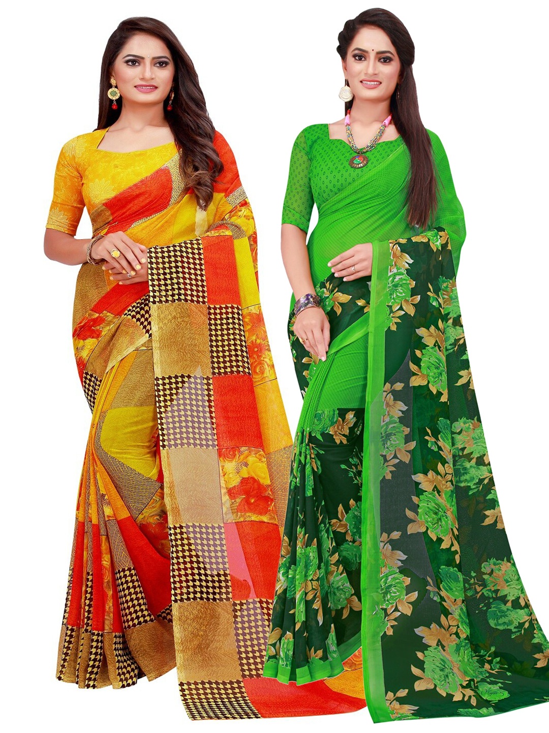 

KALINI Pack Of 2 Green & Yellow Floral Pure Georgette Saree