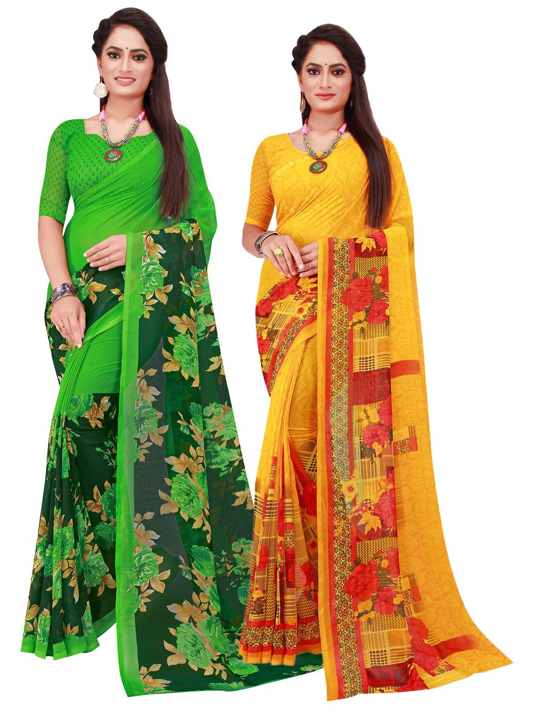 

KALINI Pack of 2 Yellow & Green Printed Pure Georgette Saree