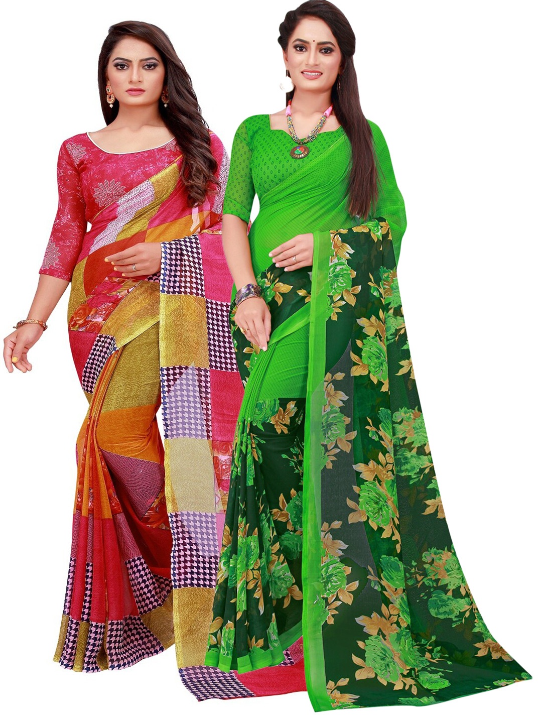 

KALINI Pack Of 2 Red & Green Floral Georgette Saree