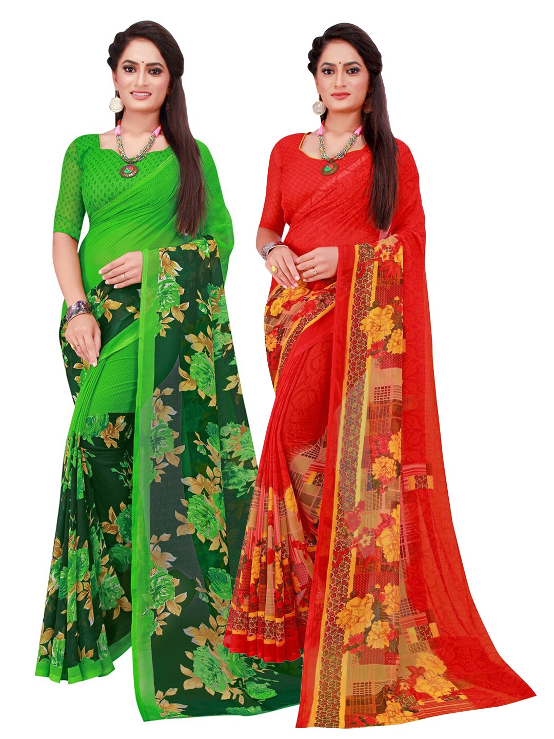 

KALINI Pack of 2 Pure Georgette Sarees, Green