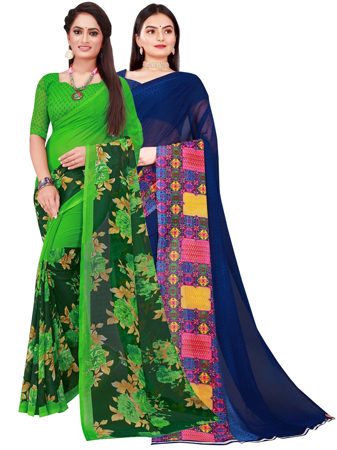 

KALINI Pack of 2 Pure Georgette Sarees, Green