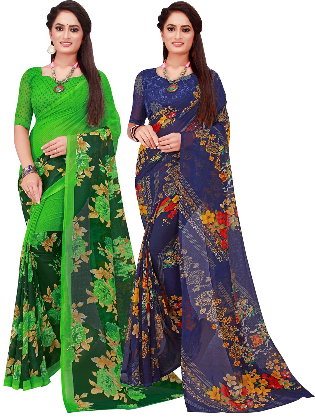 

KALINI Pack Of 2 Green & Navy Blue Floral Georgette Saree