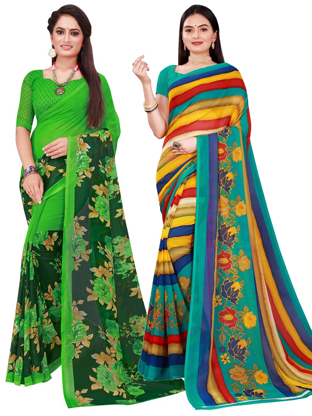 

KALINI Pack Of 2 Green & Blue Floral Pure Georgette Saree