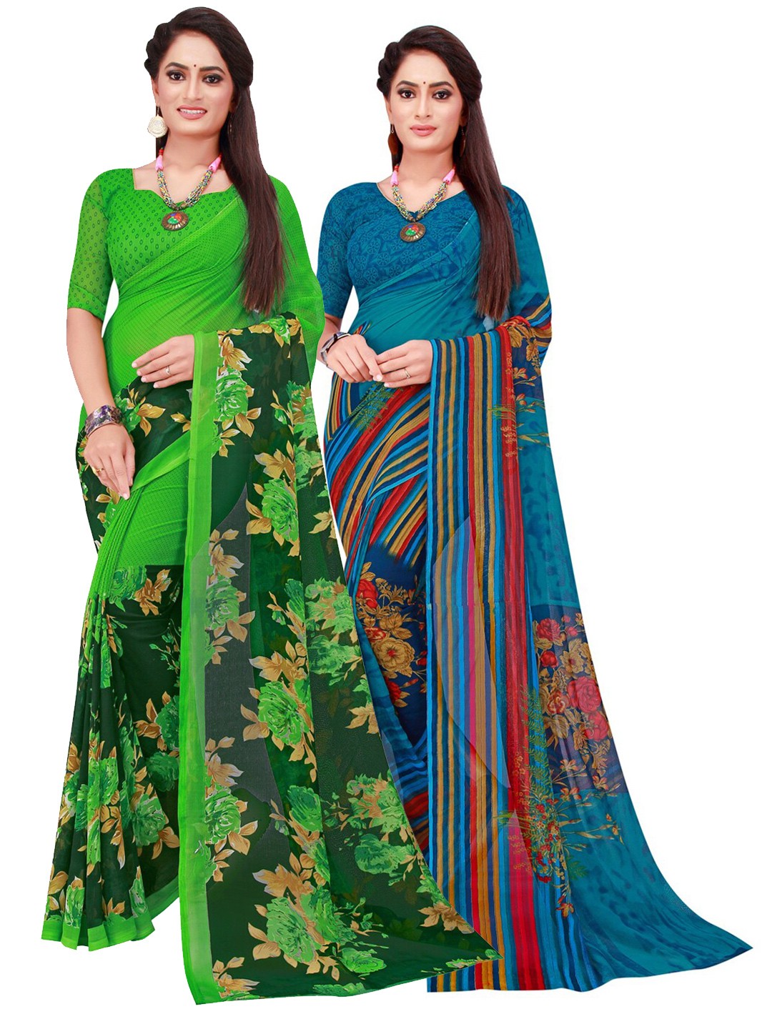 

KALINI Pack Of 2 Green & Teal Pure Georgette Saree