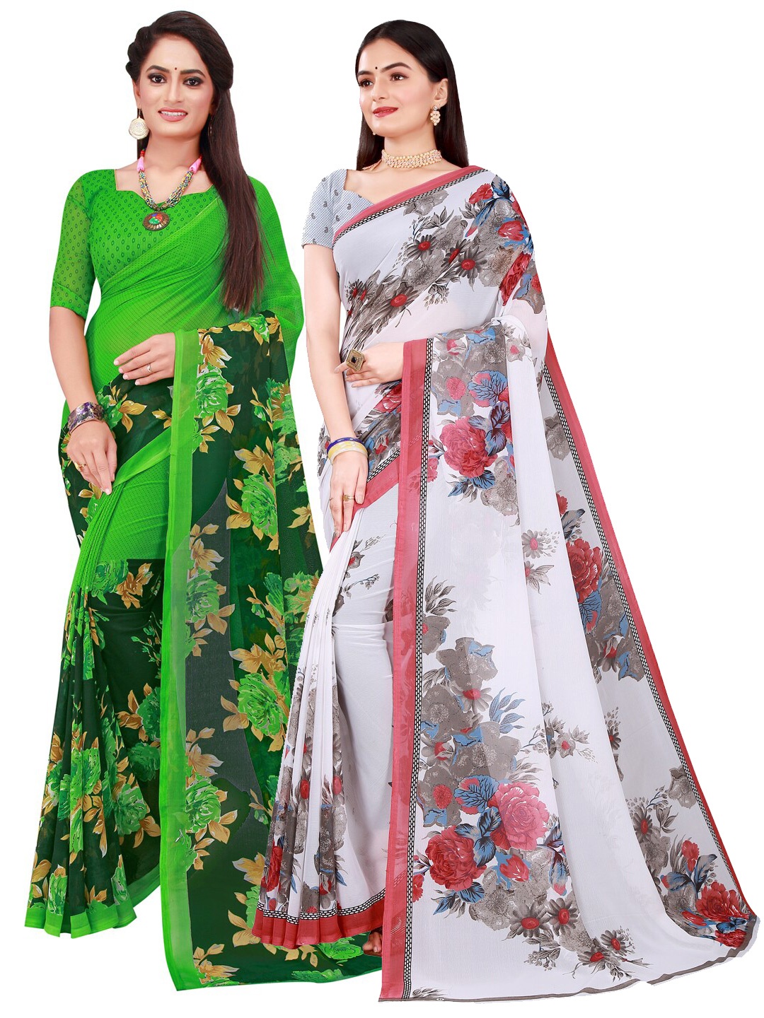 

KALINI Green & White Floral Printed Pure Georgette Saree Pack Of 2