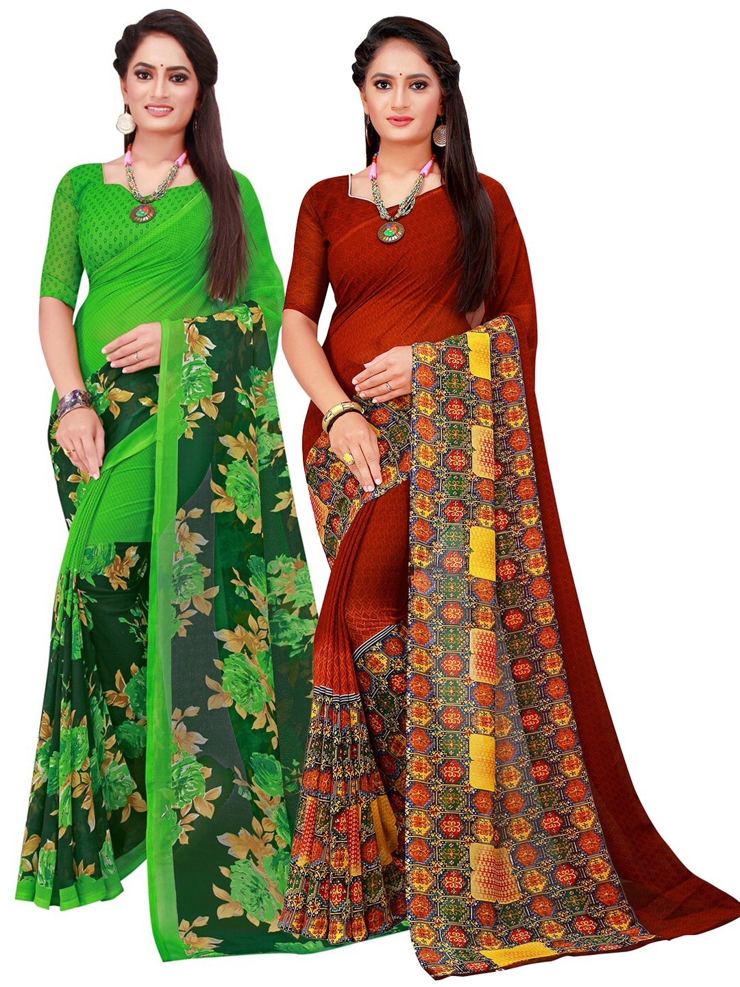 

KALINI Green & Maroon Set of 2 Floral Printed Georgette Saree