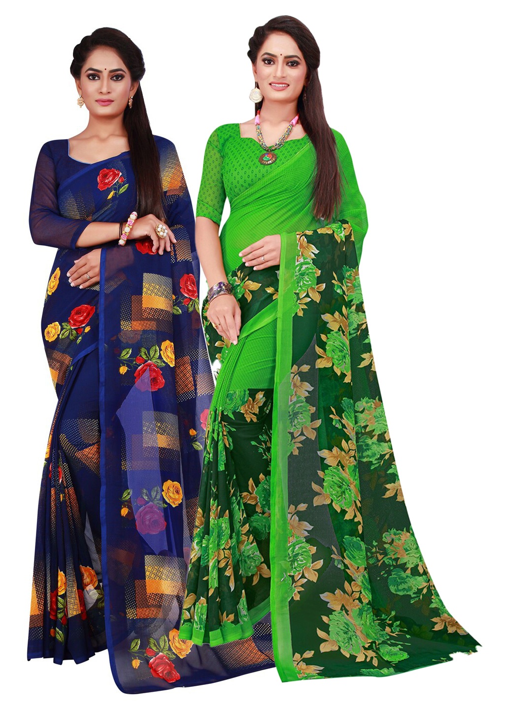 

KALINI Pack of 2 Printed Pure Georgette Sarees, Green