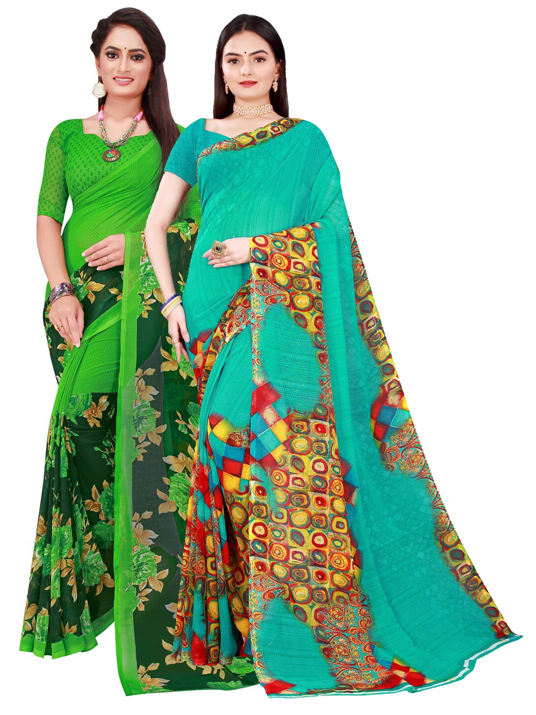 

KALINI Set Of 2 Green & Sea Green Floral Pure Georgette Saree