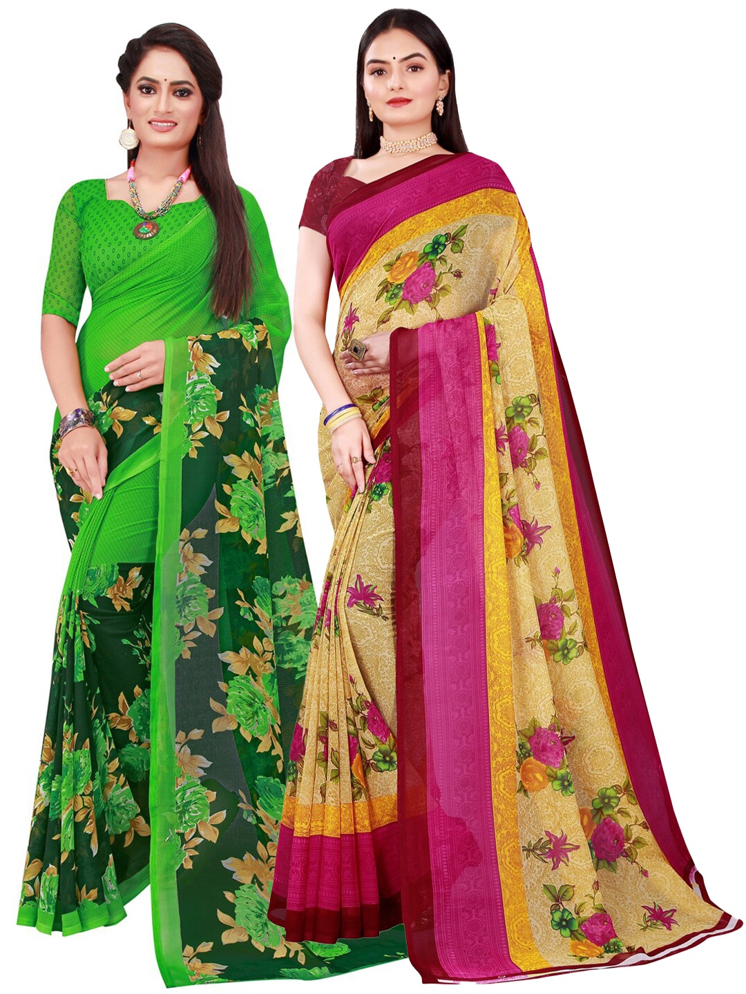 

KALINI Pack of 2 Beige & Green Floral Pure Georgette Sarees