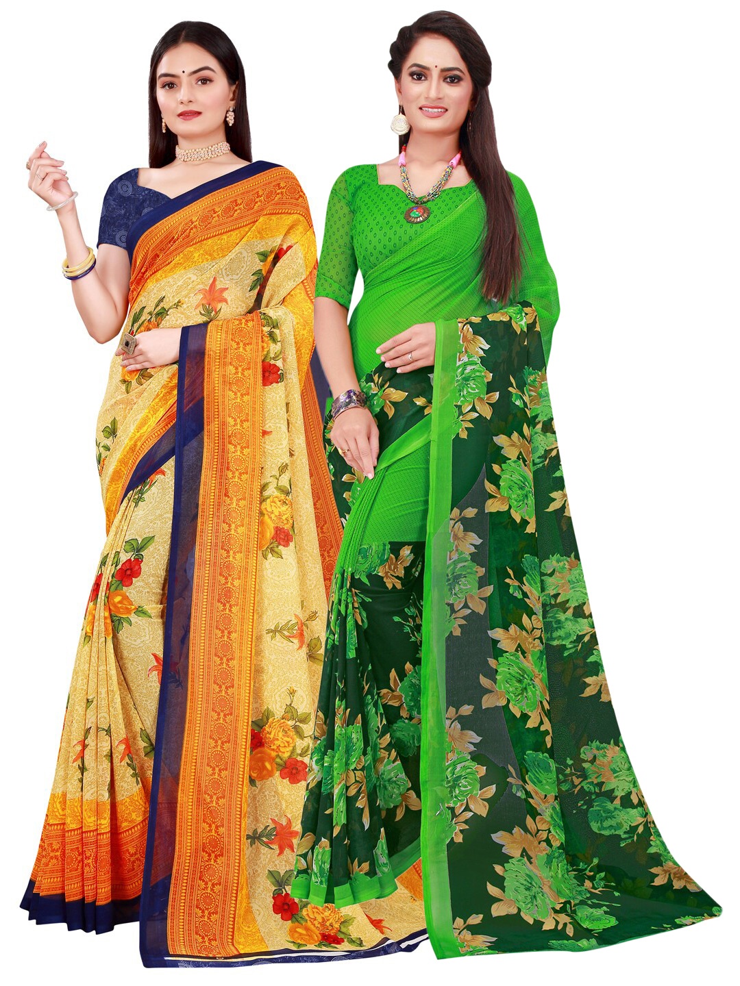 

KALINI Beige & Green Set of 2 Floral Printed Georgette Saree