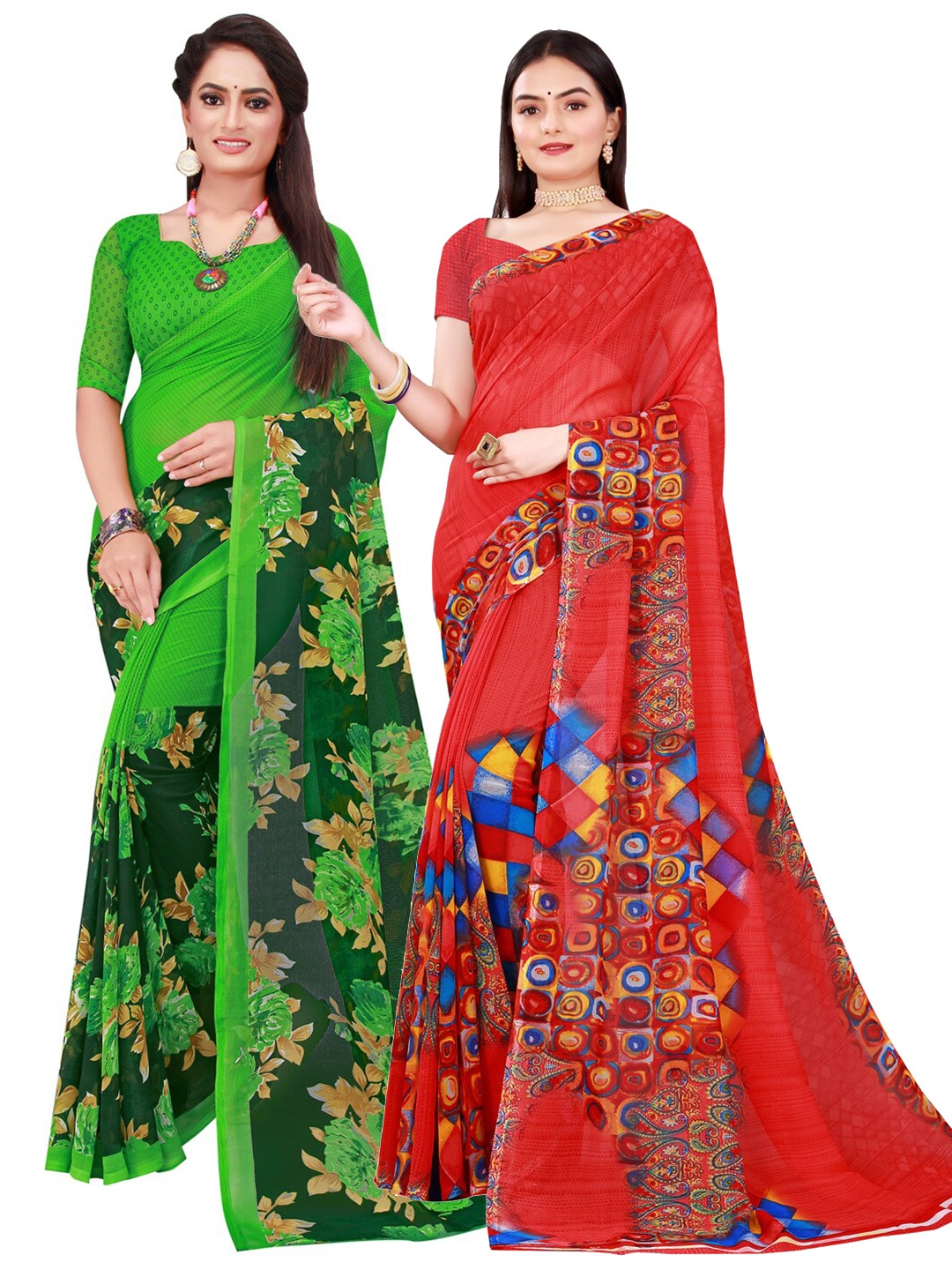 

KALINI Red & Green Set Of 2 Floral Pure Georgette Saree