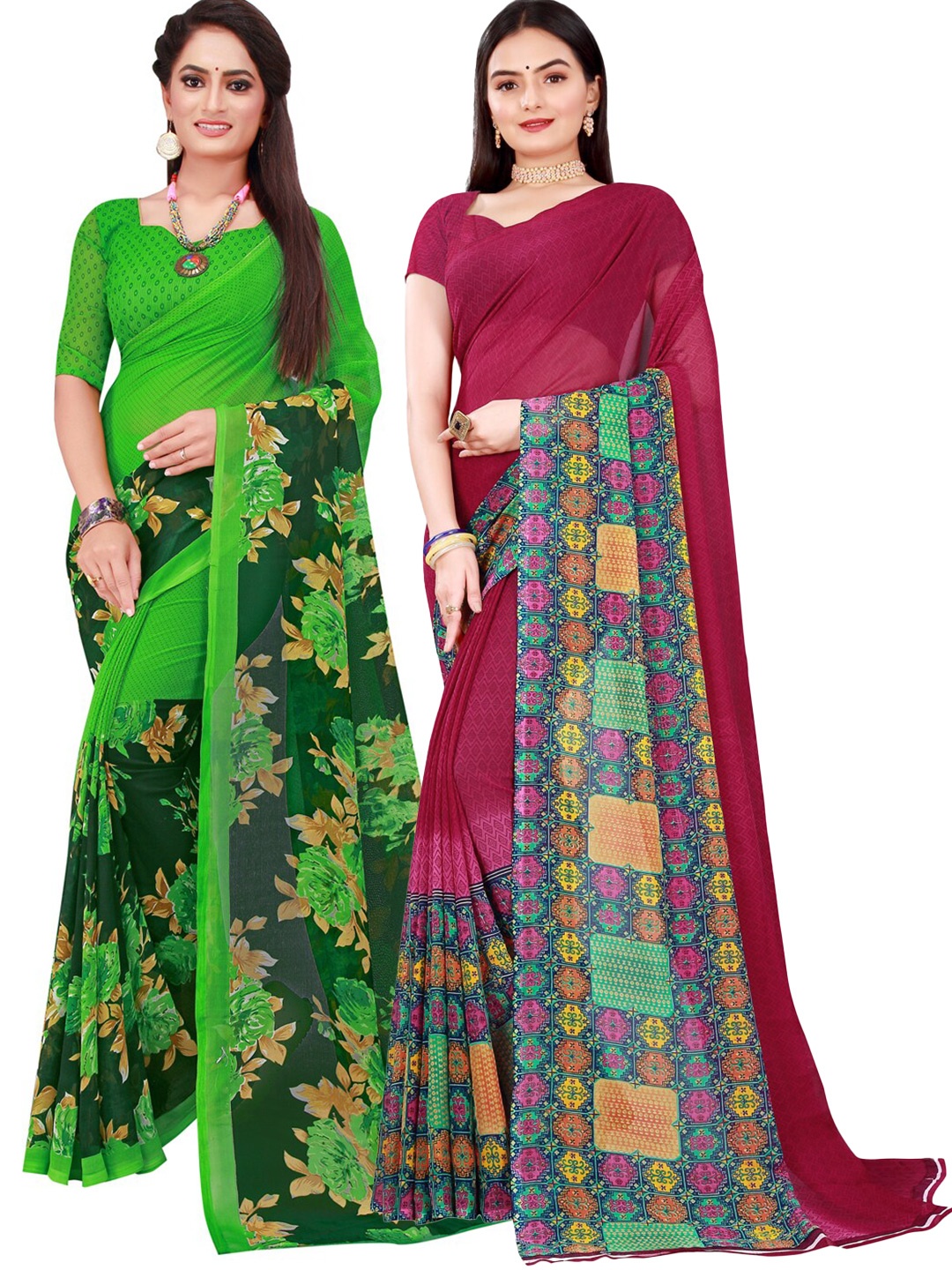 

KALINI Green & Maroon Floral Printed Pure Georgette Saree Pack Of 2