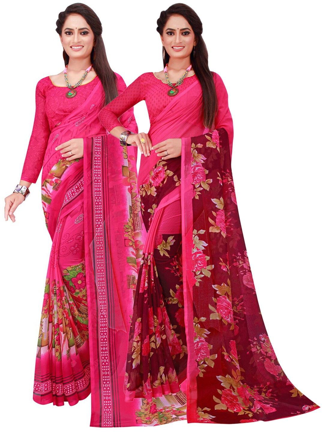 

Florence Pack Of 2 Pink & Maroon Floral Pure Georgette Saree