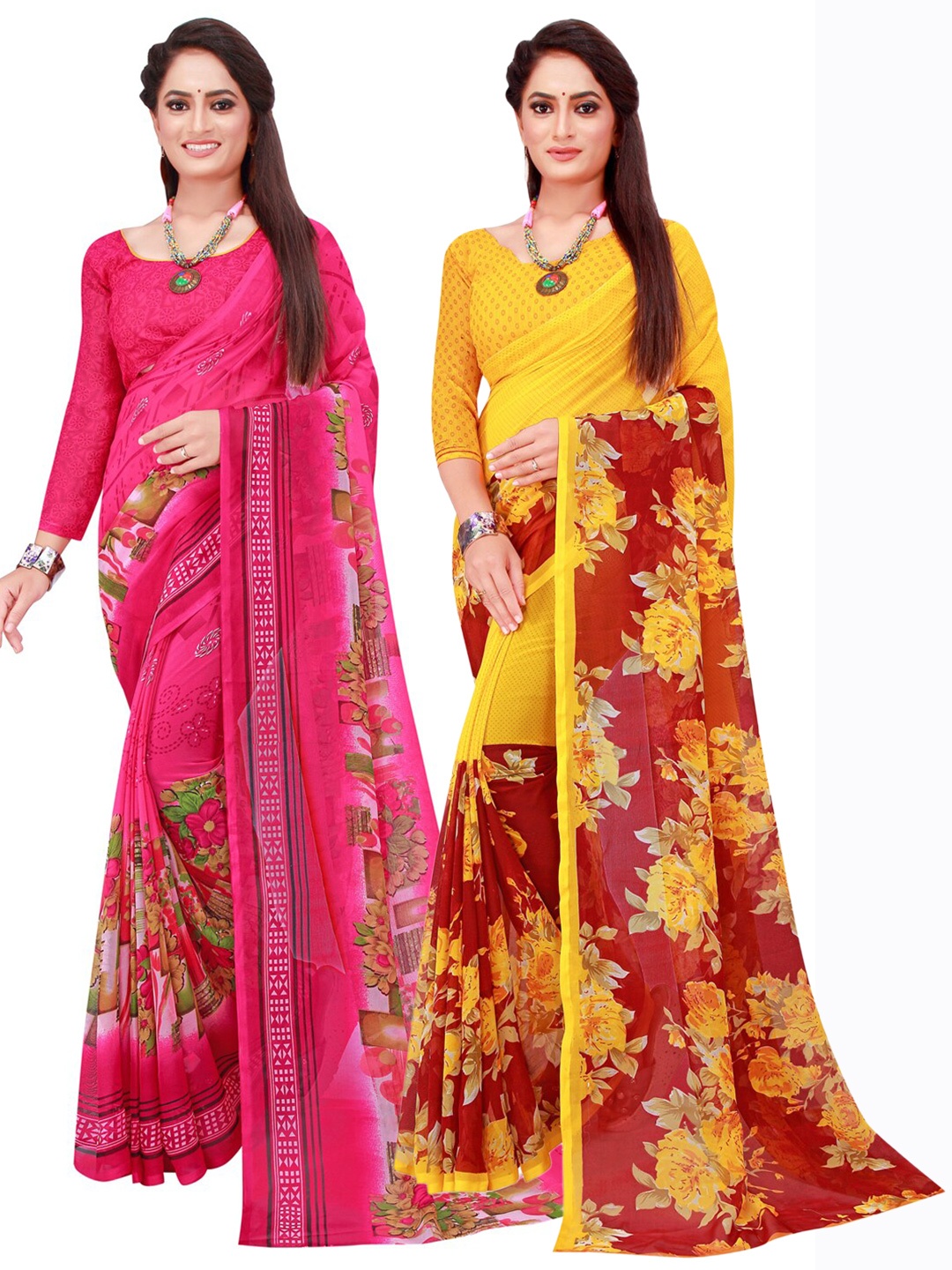 

Florence Set Of 2 Pink & Yellow Floral Pure Georgette Saree