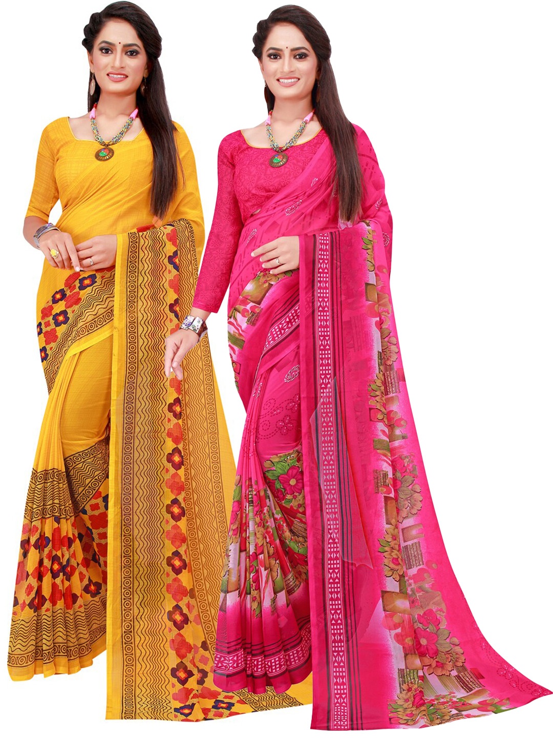 

Florence Pack of 2 Pink & Yellow Floral Pure Georgette Sarees