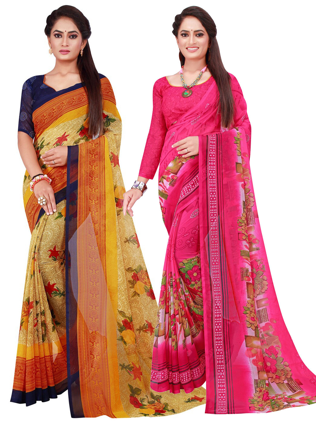 

Florence Pink & Yellow Floral Printed Pure Georgette Saree Pack Of 2