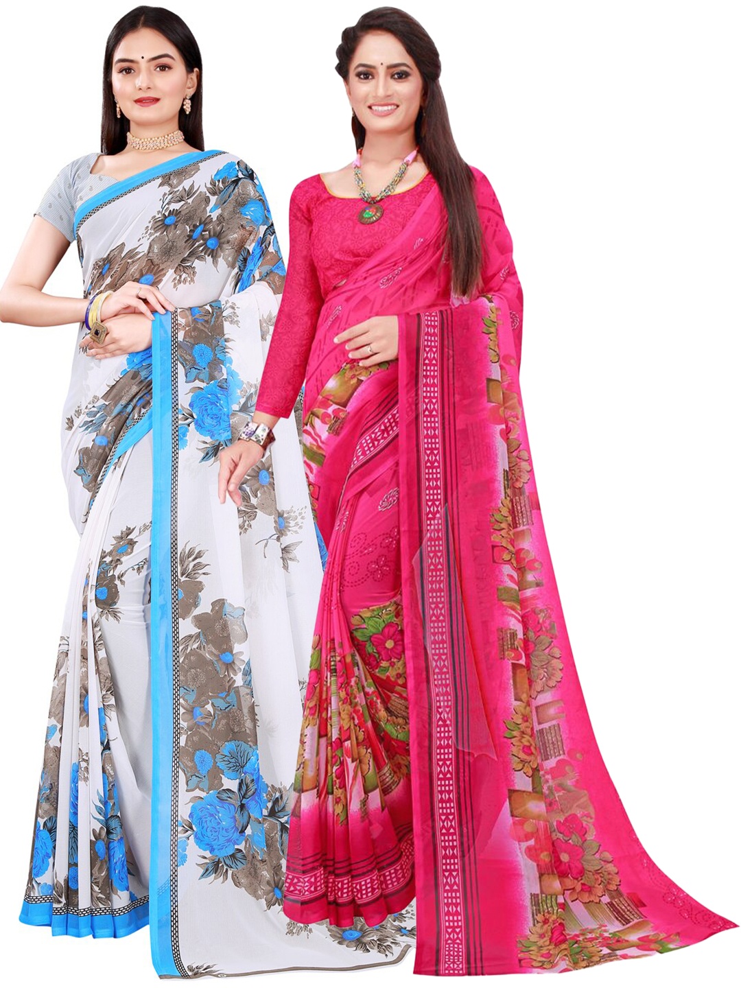 

Florence Pack of 2 Pink & White Pure Georgette Sarees