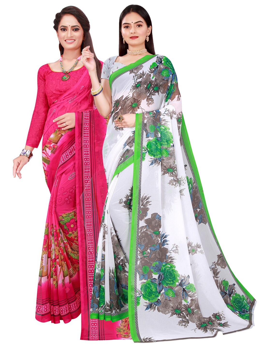 

Florence Pack Of 2 Pink & Green Floral Printed Pure Georgette Saree