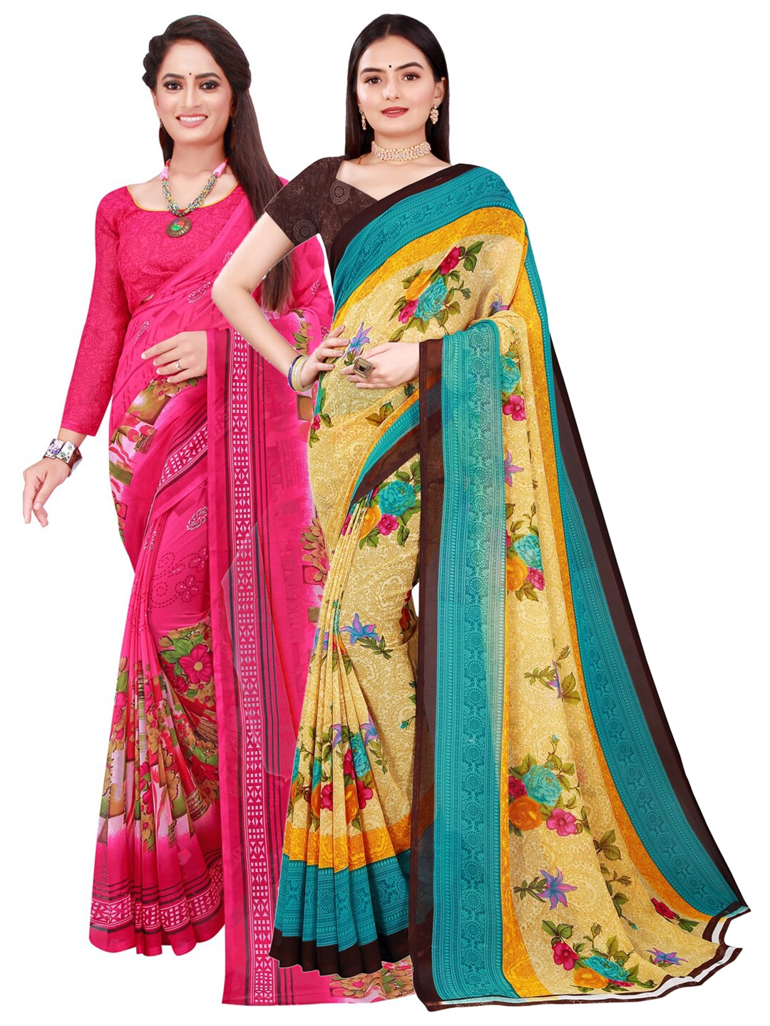

Florence Set Of 2 Pink & Teal Blue Floral Pure Georgette Saree