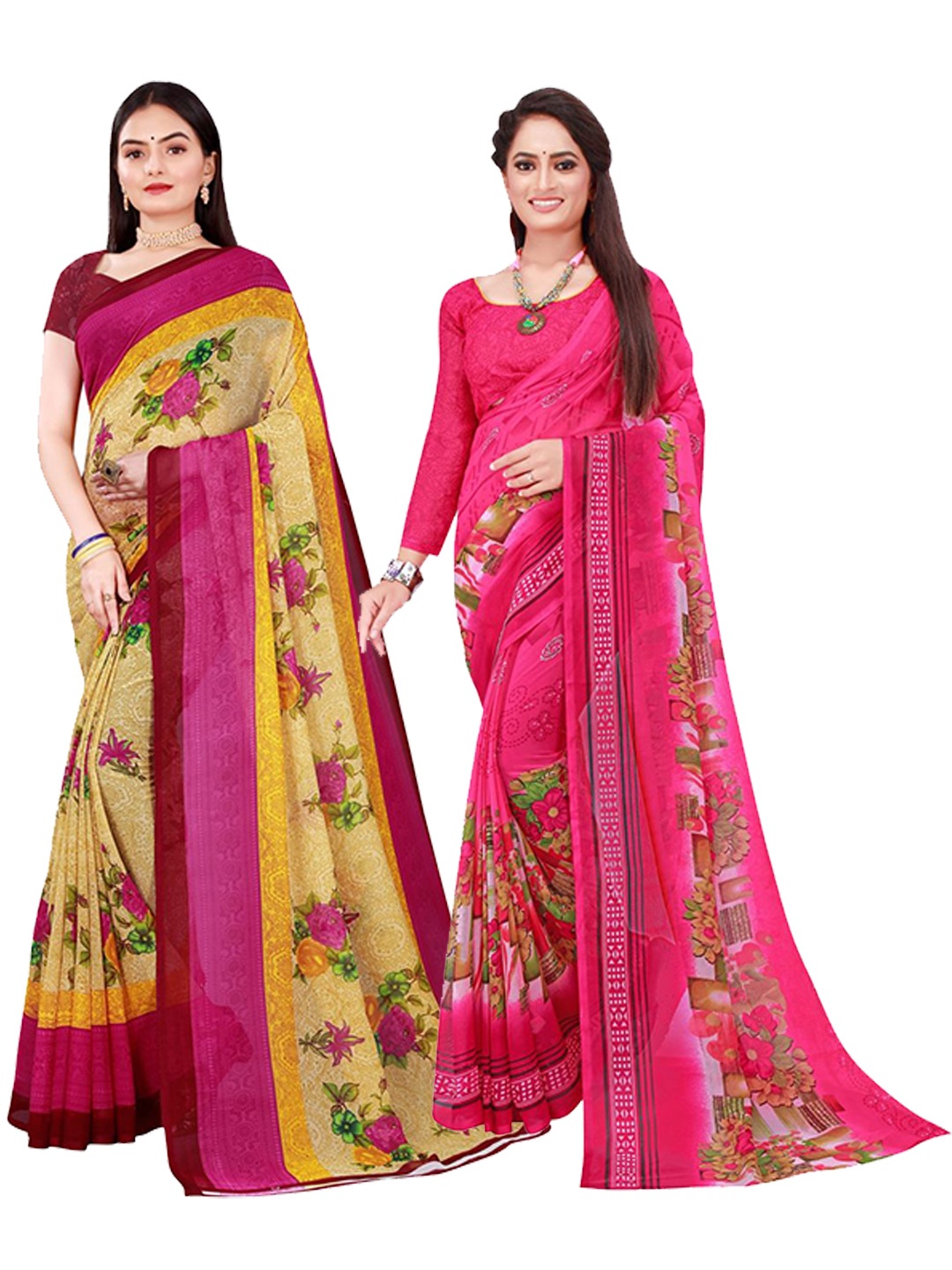 

Florence Pack of 2 Pink & Cream-Coloured Floral Pure Georgette Sarees